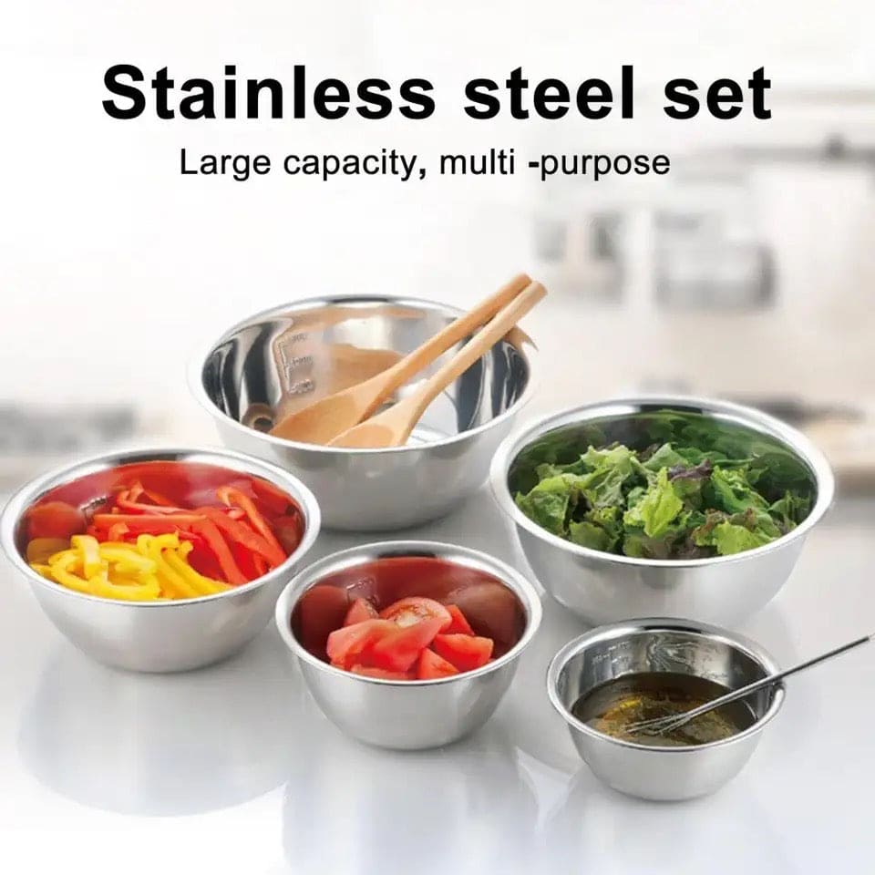 Set Of 5 Metal Mixing Bowls, Non Slip Nesting Whisking Bowls Set, Mixing Bowls For Salad Cooking Baking Food Container, Stackable Portable Cooking Nesting Storage Bowls For Home Kitchen Outdoor Camping, Rust-proof Food Storage Prep Bowl Set Of 5 Metal Mixing Bowls, Non Slip Nesting Whisking Bowls Set, Mixing Bowls For Salad Cooking Baking Food Container, Stackable Portable Cooking Nesting Storage Bowls For Home Kitchen Outdoor Camping, Rust-proof Food Storage Prep Bowl